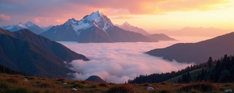 Misty morning on Mount Thielsen with fog rolling in from the valley, atmosphere, mist