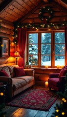 Warm and cozy winter cabin with candles and decorations, festive colors, holiday decorations