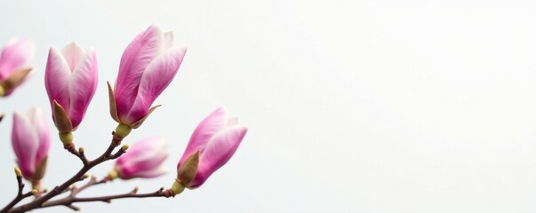 Fototapeta premium Delicate magnolia blooms on a crisp white background, simple, garden