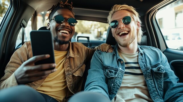 
Two men are talking on the back seat of a car, one is african american and other is blonde, they are passengers, happy, and are holding a smartphone
