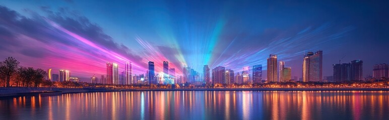 Fototapeta premium Vibrant and dynamic cityscape skyline with illuminated modern high rise skyscrapers and buildings reflected on the river at dusk