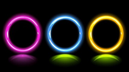 Three vibrant neon circles glow brightly in the dark