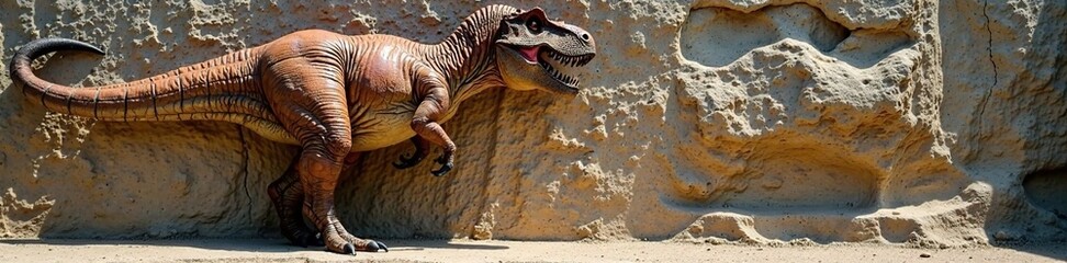 Fototapeta premium Isolated Tyrannosaurus Rex body against a natural stone texture, raw, isolated
