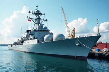 Naklejka premium Moored military cruiser with a large cargo ship in the background, docked, naval equipment, harbor