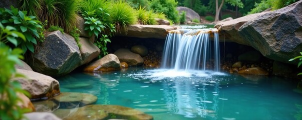 Naklejka premium A gentle waterfall cascades into a crystal-clear pool, serenity, calm, pool