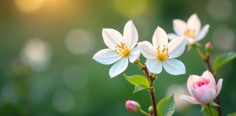 Fototapeta premium Delicate white flowers with a hint of rosy pink hues, garden, pastel, delicate
