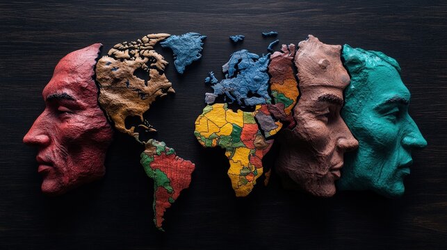 An evocative artistic representation merging human faces with map elements, symbolizing the connection between identity and geography while celebrating the diversity of the human experience on Earth.
