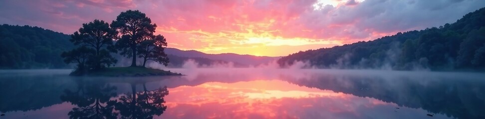 Lake scene at dusk with trees and sky reflected, nature, fog, reflection