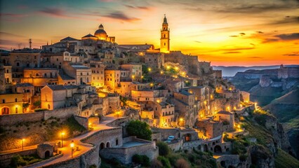 Fototapeta premium Matera Sassi: Breathtaking Bokeh Sunset over Ancient Italian Caves