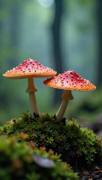 Delicate parasola conopilea mushrooms growing in a misty chapel foreground, detail, mushroom