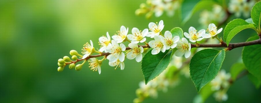 Dense clusters of small white flowers on a Vitex agnus castus branch, spring, blossoms, flowers