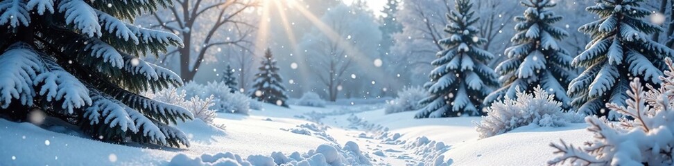 Snowflakes gently fall onto a serene and peaceful snow-covered garden, trees in snow, snow covered garden, winter scenery