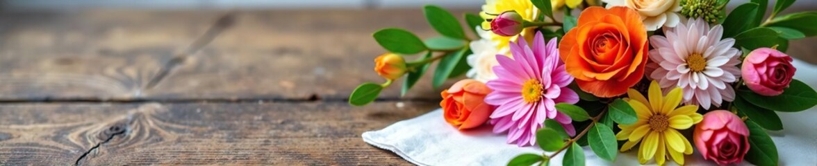Spring-themed flower arrangement on wooden table, floral arrangement, white tablecloth, flowers