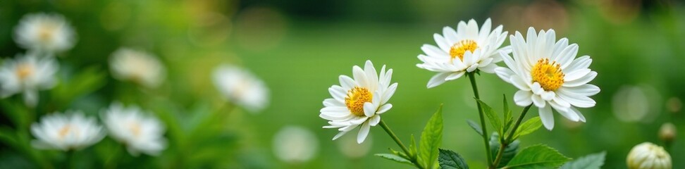 Fototapeta premium Delicate white chrysanthemum flowers in a garden amidst greenery, chrysanthemum, flowers, blooms