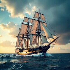 Mast and beam of a full rigged tall ship in rough seas with waves, waves, stormy sky, nature