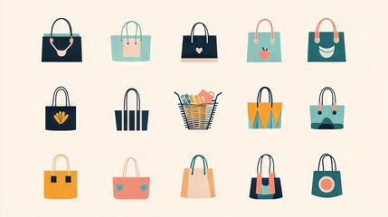 Fototapeta premium 25.Shopping Bags and Baskets Flat Vector Illustrations Set