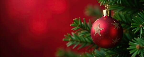 Fototapeta premium A delicate red-gold star hangs from a Christmas tree branch, red, evergreen, tree