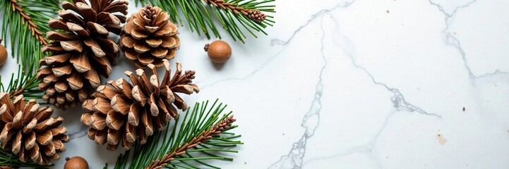 Pinecones on marble background with white and gold wrapping, festive atmosphere, season, festive, winter