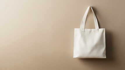 32.A clean white canvas tote bag hanging against a neutral beige wall with soft, natural lighting highlighting the bag's texture, set against a minimalistic background with ample space around for