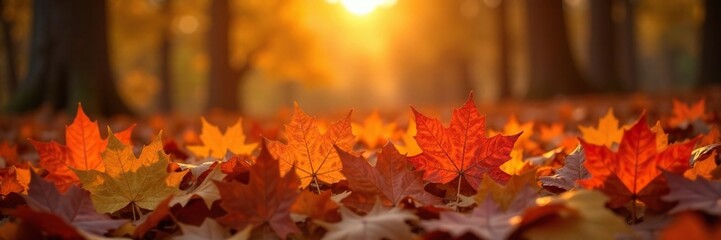 Amber hues of sunset on a pile of maple leaves, fall foliage, autumn leaves