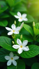 Obraz premium Delicate white jasmine flowers against the backdrop of lush foliage, soft light, botanical photography