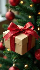 Gift box with glittering red bow tied to a Christmas tree, Christmas tree, bow, decoration