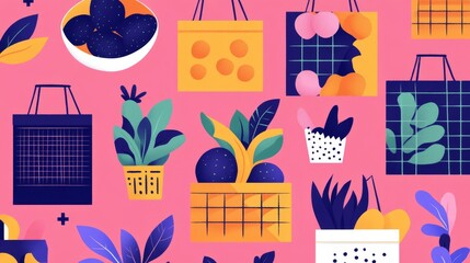 Naklejka premium 30.A colorful flat vector collection depicting shopping bags and baskets, with eco-friendly options like netted bags and paper sacks holding fresh produce, creating a visual representation of
