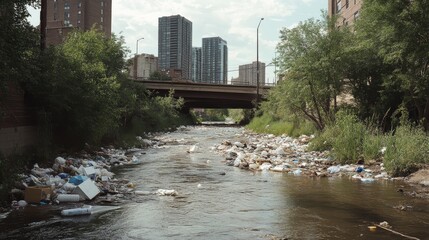 89.Styrofoam containers, plastic bags, and assorted trash clogging a shallow river in an urban area, the trash densely packed and obstructing the natural flow, emphasizing the risks of flooding and