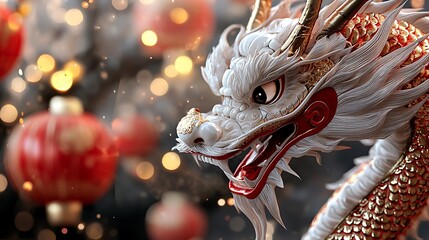 Captivating dragon dance finale surrounded by glowing red and golden lanterns during a festive Chinese cultural or holiday event  The mythical creature performs an ornate