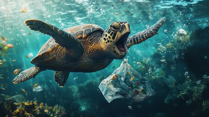 Fototapeta premium 111.A distressed sea turtle underwater with its mouth open, attempting to bite into a plastic bag that drifts nearby, with particles of debris scattered throughout the ocean, highlighting the impact