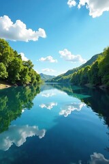 Reflections of a clear blue sky in the calm river, reflections, serenity, water