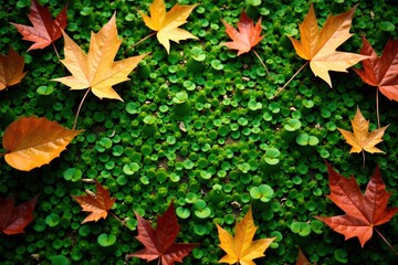 Earthy tones of dry leaves on green grass with subtle texture, leafy, ground, background