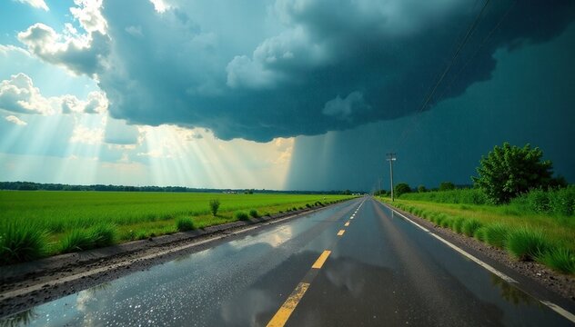 Downburst sends rainwater splashing in puddles, landscape, downburst