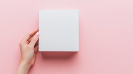 Obraz premium 78.Female hand displaying a blank, white cardboard package against a soft pink backdrop, the box slightly angled to show its full shape, highlighting the productâ€™s versatility for custom labeling or