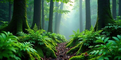 misty forest floor covered with ferns and moss, , natural ambiance, foliage
