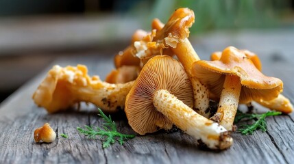 A close-up of vibrant orange mushrooms on a wooden surface, showcasing their unique textures and colors in a natural setting.