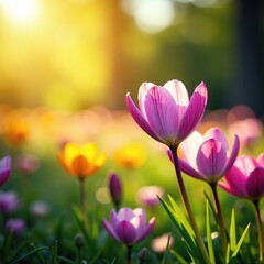 Obraz premium Field of Pasque flowers with sunlight filtering through, bloom, filter