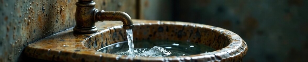 Water flows through narrow pipe into stone sink basin with worn faucet nozzle, wet, sink