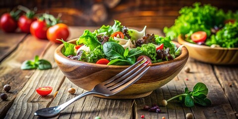 Miniature Tilt-Shift Photo of a Fork and Salad Bowl, Fresh Green Salad