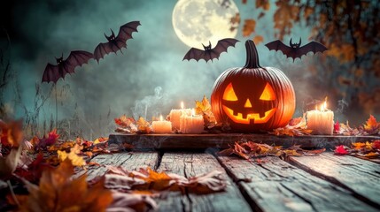 A spooky Halloween scene featuring a carved pumpkin, candles, autumn leaves, and bats against a moonlit backdrop.