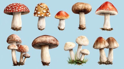 Ten watercolor illustrations of various mushroom species. Perfect for autumnal themes, nature guides, or culinary publications.
