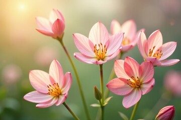 Delicate pale pink and gold hues intertwined with long green stems, nature, stems, soft blooms