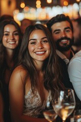 Fototapeta premium A team is posing for a group photo at a corporate event. Everyone is smiling, dressed, Generative AI