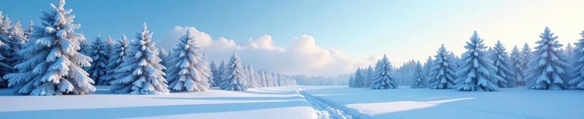 Snowy forest landscape with frost-covered trees, serene blue sky, and icy mist, snowy, mist