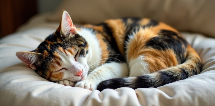 Calico cat curled up in a ball, sleeping peacefully on a soft cushion, rest, pet
