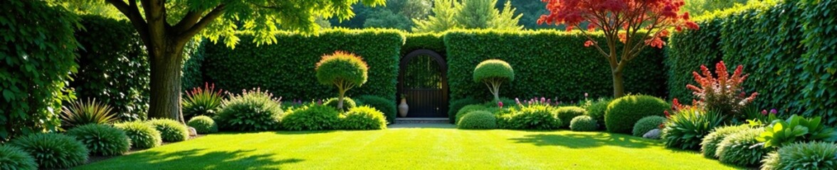 Obraz premium El jard?n privado tiene una variedad de ?rboles y plantas en un dise?o paisaj?stico complejo, arbol, frutal