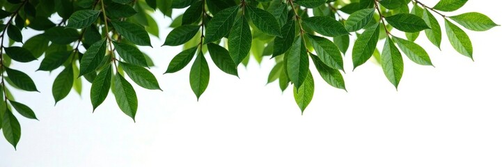 Fototapeta premium Evergreen tree with wavy leaves on isolated white background, woodland, tree bark, green