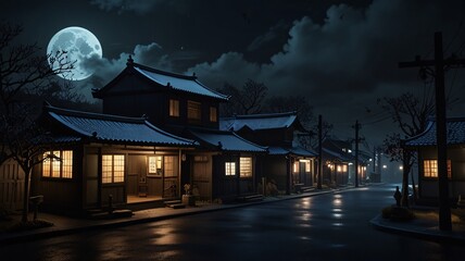 Obraz premium Noir Image Dark Mysterious City Village Anime Game Scene