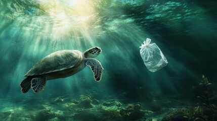 Fototapeta premium 110.A lone sea turtle underwater, swimming toward a floating plastic bag, mistaking it for food, with sunlight streaming through the ocean surface and illuminating the turtle textured shell and the