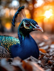 Obraz premium A majestic peacock nestled in the forest, displaying its stunning feathers and vibrant colors in the soft glow of the sun, embodying nature's beauty and elegance in a serene setting.